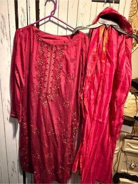 Women's Embroidered Long Dress in Deep Raspberry